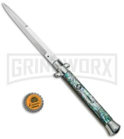 AGA Campolin 11" 2017 Italian Picklock Abalone Automatic Knife - Bayonet -Hot Sale Knife Store AGA Campolin 11in Picklock Italian Stiletto Abalone Satin BHQ 78223 jr bottlecap 2 large