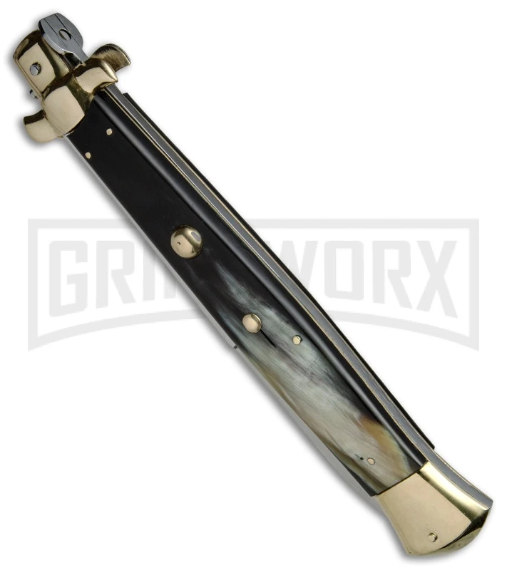 A.G.A. Campolin 18" Brazilian Horn/Brass Italian Stiletto Auto Knife - Bayonet 2 A.G.A. Campolin 18" Brazilian Horn/Brass Italian Stiletto Auto Knife - Bayonet - Image 2