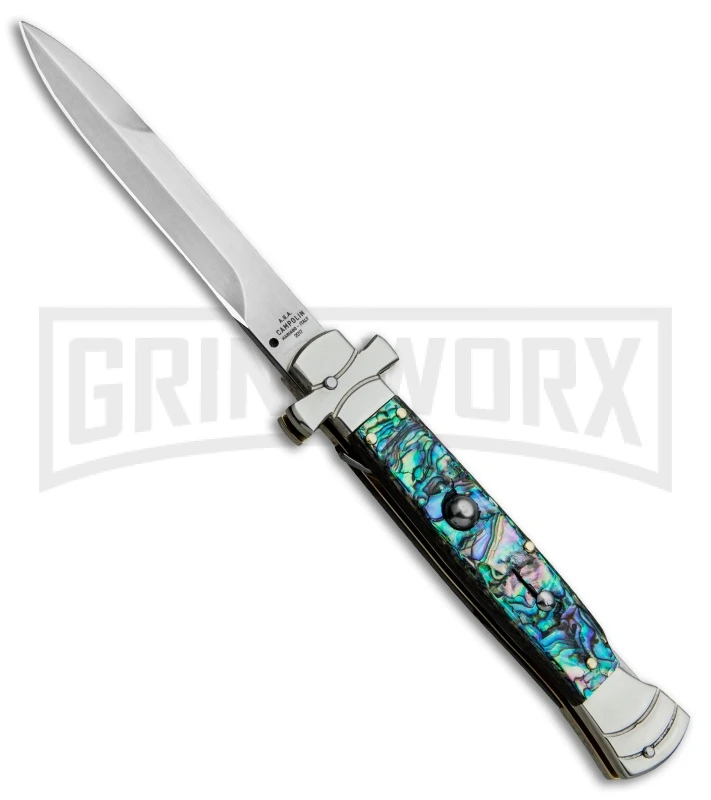 A.G.A. Campolin 9" Maltese Cross Abalone Stiletto Automatic Knife - Bayo Satin 1 A.G.A. Campolin 9" Maltese Cross Abalone Stiletto Automatic Knife - Bayo Satin