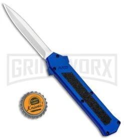 AKC F-16 Blue D/A OTF Automatic Knife - Dagger Satin Plain -Hot Sale Knife Store AKC F 16 DA Dagger OTF Blue Satin BHQ 93753 jr bottlecap large