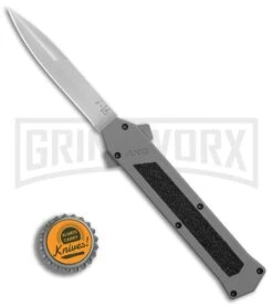 AKC F-16 Gray D/A OTF Automatic Knife - Bayo Satin Plain -Hot Sale Knife Store AKC F16 DA Bayo Satin Plain BP 25691 er bottlecap large