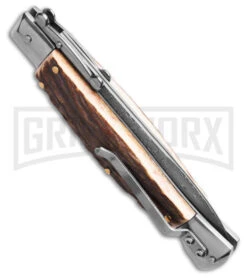 AKC Automatic Swinguard 9" Stag Bayonet Blade - Damascus Plain -Hot Sale Knife Store AKC Stiletto Swinguard Automatic Knife Stag Horn w Sheath 4in Damascus Bayo BHQ 189377 hd side large