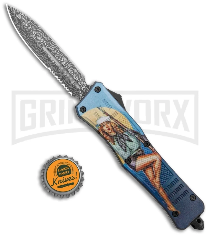 Atomic Defender Large OTF Automatic Knife Pin Up Blue - Serr Damascus Dagger 5 Atomic Defender Large OTF Automatic Knife Pin Up Blue - Serr Damascus Dagger - Image 5