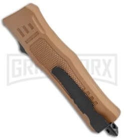 Atomic Defender Mini OTF Automatic Knife Sand Brown (2.625" Two-Tone Serr) -Hot Sale Knife Store Atomic Defender Mini OTF Auto Sand Brown TT Dagger Serr GX 37532 jr side large
