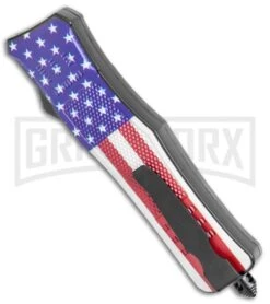 Atomic Defender Medium OTF Automatic Knife Stars & Stripes Flag - Two Tone -Hot Sale Knife Store Atomic Medium Defender DP USA Flag OTF Auto TT GX 36308 jr side large