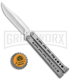 Bear Ops Bear Song VIII Small Gray Butterfly Knife - Clip Point Satin Plain -Hot Sale Knife Store Bear Ops Bear Song VIII Small Butterfly Gray Satin CP BHQ 145121 jr bottlecap large