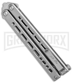 Bear Ops Bear Song VIII Small Gray Butterfly Knife - Clip Point Satin Plain -Hot Sale Knife Store Bear Ops Bear Song VIII Small Butterfly Gray Satin CP BHQ 145121 jr side large