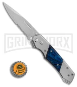Super Knife Croc Automatic Knife Stainless W/ Blue Inlay - Satin Serr -Hot Sale Knife Store GA303MBL BP 25774 er bottlecap large