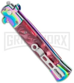 Milano 9" Italian Stiletto Red Swirl Automatic Knife - Bayonet Spectrum -Hot Sale Knife Store Milano 9in Italian Stiletto Red Swirl Auto Bayo Spectrum GX 36290 jr side large