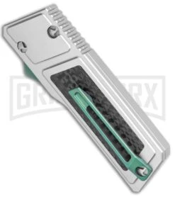 No Limit Knives Akuma OTF Automatic Knife Silver Green Hardware - Satin Plain -Hot Sale Knife Store No Limit Knives Akuma OTF Auto Silver Green Hardware Satin Plain GX 35284 jr side large