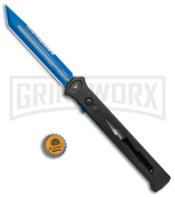 Paragon Estiletto Black Bolt Automatic OTF Knife - Blue Tanto -Hot Sale Knife Store Paragon Estiletto Tanto OTF Auto Black Lightning Bolt Blue Serr EST T LB B CBLU BHQ 103600 jr bottlecap large