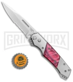Super Knife Croc Automatic Knife Stainless W/ Red Marble Inlay - Satin Serr -Hot Sale Knife Store Super Knife Croc Auto SS Red Marble Inlay Satin Serr GA303MRD GX 36694 jr bottlecap large