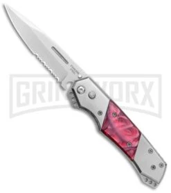 Super Knife Croc Automatic Knife Stainless W/ Red Marble Inlay - Satin Serr