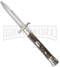 AGA Campolin 13" Stiletto Bat Swinguard Stag Horn Automatic Knife - Bayonet