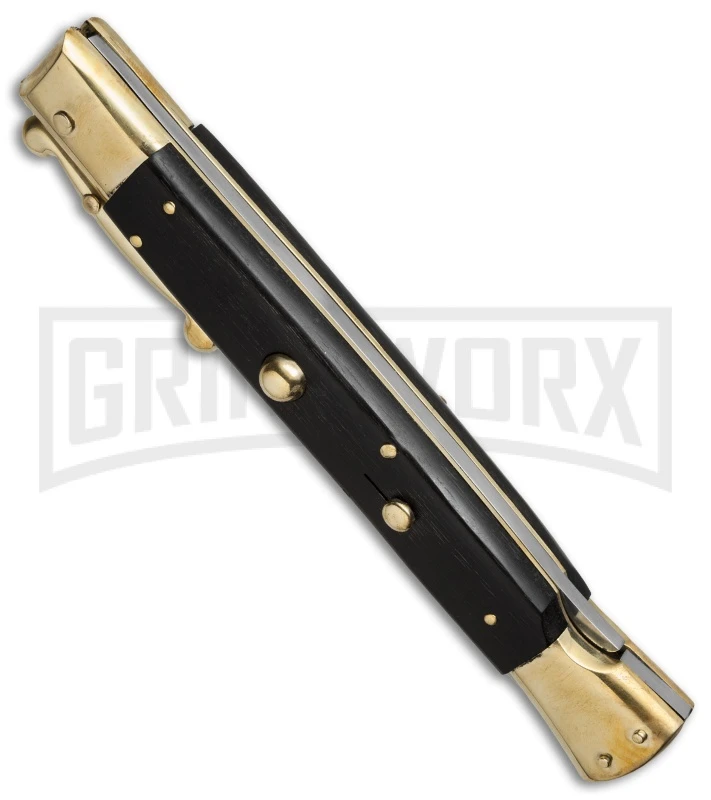AGA Campolin 13" Stiletto Brass Swinguard Ebony Wood Automatic Knife - Bayonet 2 AGA Campolin 13" Stiletto Brass Swinguard Ebony Wood Automatic Knife - Bayonet - Image 2