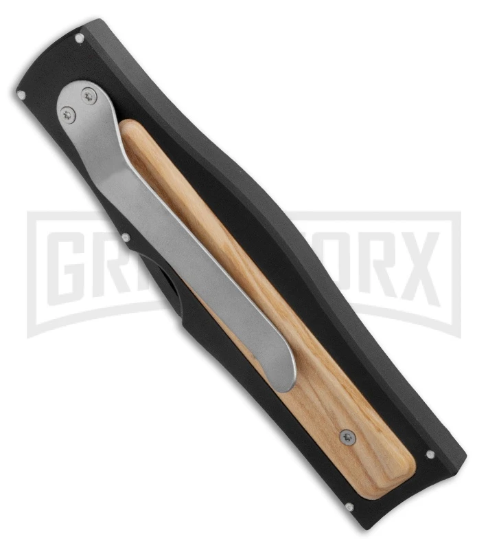 AKC Gravit-E Black/Wood Manual OTF Knife - Black Plain 2 AKC Gravit-E Black/Wood Manual OTF Knife - Black Plain - Image 2