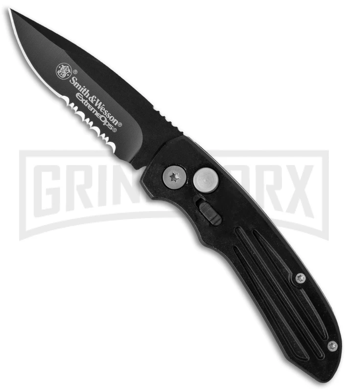 Smith & Wesson Extreme Ops SW40BS Mini Black Automatic Knife - Black Serr 1 Smith & Wesson Extreme Ops SW40BS Mini Black Automatic Knife - Black Serr